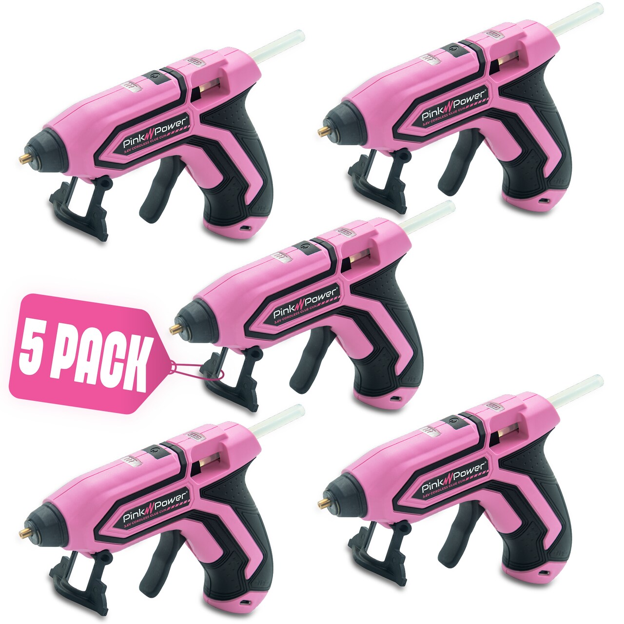 Pink Power 5 Set Mini Cordless Hot Glue Gun Kits with Stand – 100 Sticks, Battery Powered, Wireless, Fast Heating, USB Rechargeable, Portable Glue Gun for DIY Crafts, Home Repairs, and School Projects